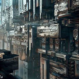 Visualize a futuristic cityscape where all the buildings are made of metal and have intricate tattoos on their walls.。第 4 个图像，共 4 个图像