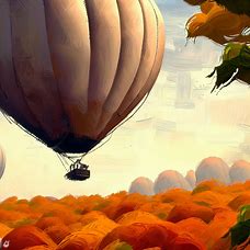 Paint a surreal autumn scene with a giant hot air balloon floating over a field of orange leaves.