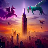 Create an illustration of the Empire State Building as it would look if it were plucked out of its cityscape and placed in a fantasy world full of dragons and unicorns.