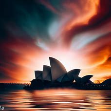 Create an artistic scene showing the iconic Sydney Opera House in a backdrop of a stunning sunset.