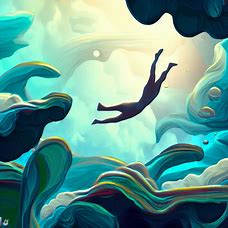 Make a surreal illustration of a person swimming through a dream-like underwater landscape