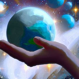 Paint a dream-like scene where a tiny earth is being held by a giant hand, surrounded by stars and galaxies. Image 1 of 4