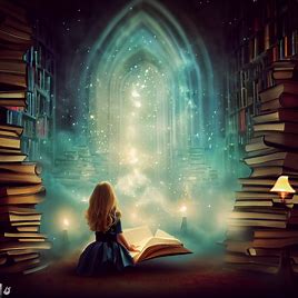 Create an image of an enchanted kingdom filled with books and magic.