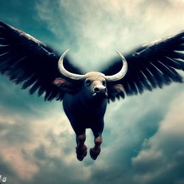 A buffalo soaring through the sky with outstretched wings.. Image 3 of 4