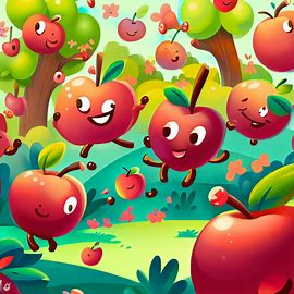 Illustrate a whimsical, cartoonish apple garden filled with bouncing, happy apples.. Image 2 of 4