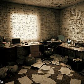 A cluttered office with an overabundance of algebraic formulas scribbled on wallpaper and desktops.. Image 4 of 4