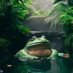 Picture a giant frog lounging in a natural hot spring surrounded by lush greenery and peaceful nature.