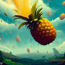 Imagine a pineapple falling from the sky and crashing into a fantastical landscape, raining juicy pieces as it goes.