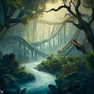 Visualize a roller coaster that races through a dangerous jungle with towering trees, treacherous rivers, and unpredictable wildlife.