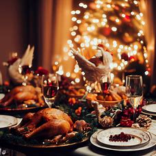 Imagine a festive table set for a Christmas dinner with roasted turkeys and other delicious food, surrounded by twinkling lights and holiday decorations