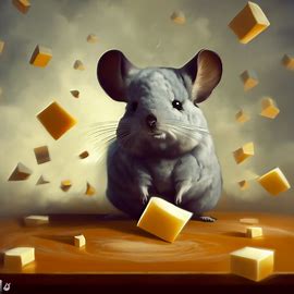 Make a surrealist painting of a chinchilla surrounded by floating pieces of cheese.. Image 4 of 4