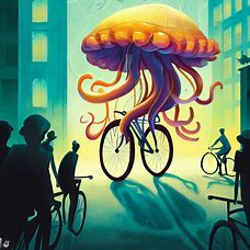 Illustrate a whimsical scene with a giant jellyfish riding a bicycle through a city street, surrounded by human onlookers.
