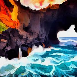 Create an abstract, whimsical representation of the iconic black rock cliffs of Maui, complete with hidden caves and crashing waves.. Image 4 of 4