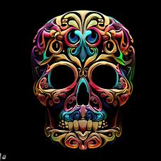 Create an image of a colorful and stylized skull with intricate floral designs carved into it.