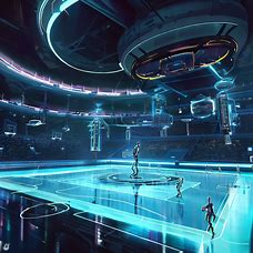 ption": "Futuristic basketball arena with floating courts and high-tech players.