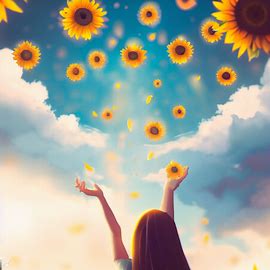 Imagine a world where the sky is always filled with beautiful sunflowers floating in the air.  &#10;. Image 1 of 4