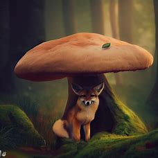 Make an image of a shy coyote hiding behind a huge mushroom in a forest