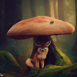 Make an image of a shy coyote hiding behind a huge mushroom in a forest. Image 1 of 4