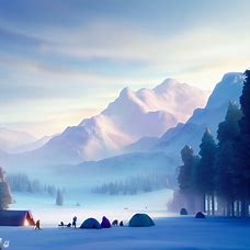 Render a serene, snowy landscape of a group of people camping in front of a picturesque mountainside.