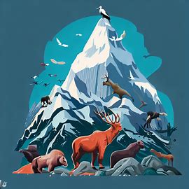 Design an illustration of Mount Everest showcasing the different wildlife that can be found at its base.. Image 4 of 4