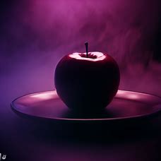 A dark red apple sits on a plate surrounded by glowing, purple mist.