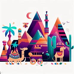 Create a whimsical representation of Cairo, incorporating exotic elements such as pyramids and camels.