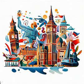 Create an imaginative illustration of the iconic landmarks and features of different countries in Europe. Image 1 of 4