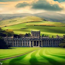 Create an image of Trinity College in Dublin, with rolling green hills in the background.