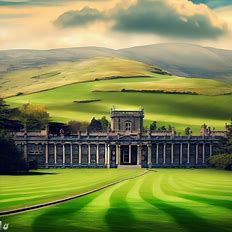 Create an image of Trinity College in Dublin, with rolling green hills in the background.