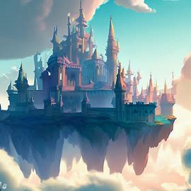Showcase a grand and imposing castle floating in the clouds, with a fantastical and whimsical design.. Image 3 of 4