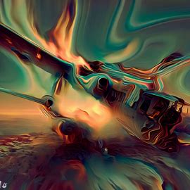 Create a surreal image of a plane crash scene set in an alternate dimension.. Image 4 of 4