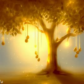 Draw an image of a tree with golden fruits hanging from its branches, reflecting the sun's rays.. Image 4 of 4
