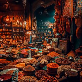 A vibrant local market scene filled with exotic spices, craftsmanship, and unique products. Image 2 of 4
