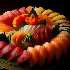 Create an image of a sushi platter, highlighting the different types of sashimi arranged artistically and making the colors stand out.