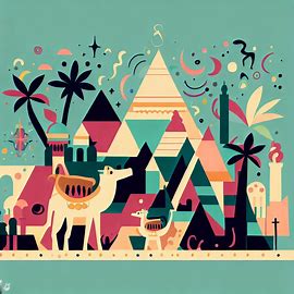 Create a whimsical representation of Cairo, incorporating exotic elements such as pyramids and camels.. Image 2 of 4