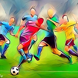 Create an illustration of a group of colorful soccer players in action on a green field.. Image 4 of 4