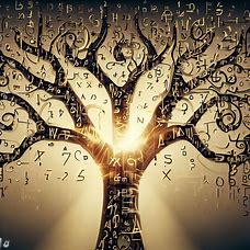 An algebraic tree with intricate branches made up of letter, symbol and numbers that come to life when struck by sunlight.