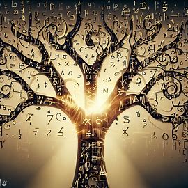 An algebraic tree with intricate branches made up of letter, symbol and numbers that come to life when struck by sunlight.. Image 1 of 4