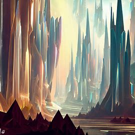 What do you think a city built entirely out of quartz would look like? Envision towering spires and buildings shining in the sun, reflecting the light in a spectrum of colors.”. Image 3 of 4