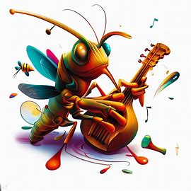 Create an imaginative illustration of a cricket playing a musical instrument. Image 1 of 4