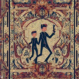 Create an eye-catching and intricate design that also tells the story of James Hewitt and Prince Harry's adventures together in the form of a fantastic tapestry.