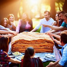 Create an image of a giant baklava pastry being shared by a group of friends at a picnic.