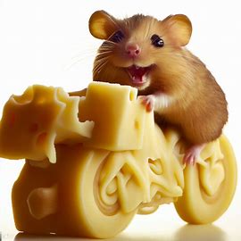 A hamster riding a bicycle made entirely out of cheese with a big grin. Image 3 of 4
