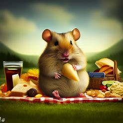 Create an image of a gerbil enjoying a picnic with various food items.