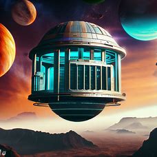 Create an image of a futuristic prison float in space, with landscapes of different planets in the background.