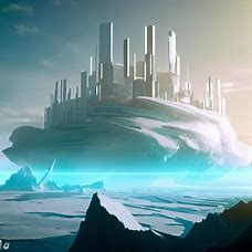 Visualize a futuristic city built on top of a massive iceberg.