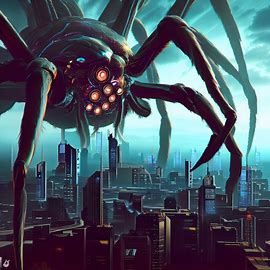 Visualize a futuristic cityscape with a giant tarantula towering over the metropolis, its multiple eyes scanning the skyline.. Image 4 of 4