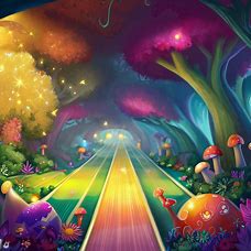 Illustrate a magical forest with a sparkly and colorful bowling lane made of flowers and mushrooms.