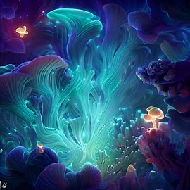Design a mystical underwater world with luminescent creatures and elaborate coral formations.. Image 4 of 4