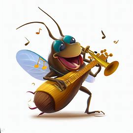 Create an imaginative illustration of a cricket playing a musical instrument. Image 2 of 4